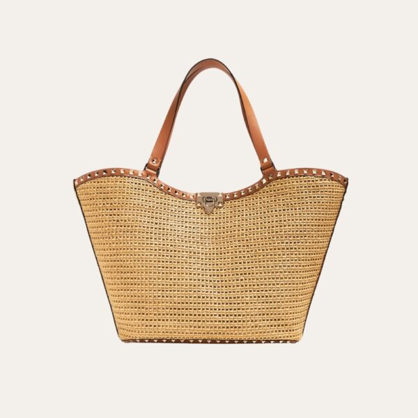 Valentino Garavani Rockstud 拉菲草托特包 棕色 31 厘米