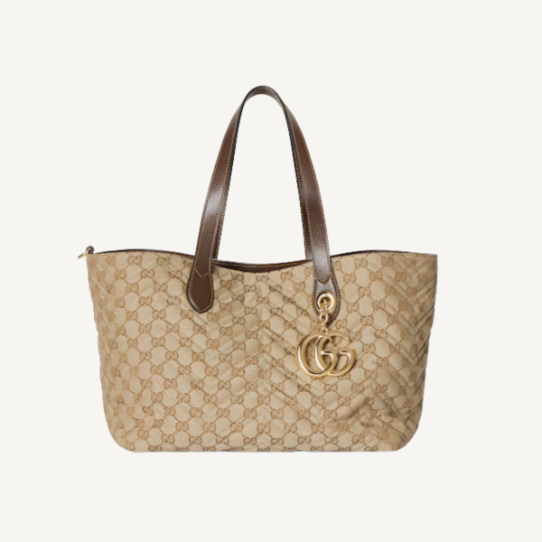 Gucci GG Marmont 中号托特包 沙色 深棕色 金色 五金配件 11.8 英寸