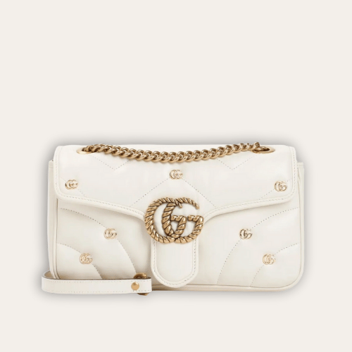 Gucci Gg Marmont 大号铆钉马特拉塞单肩包 象牙白色 10.2 英寸