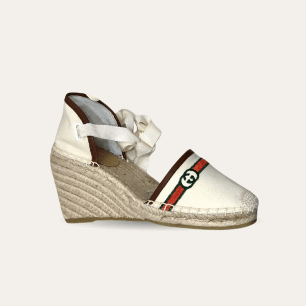 Gucci系带坡跟凉鞋草编鞋 白色