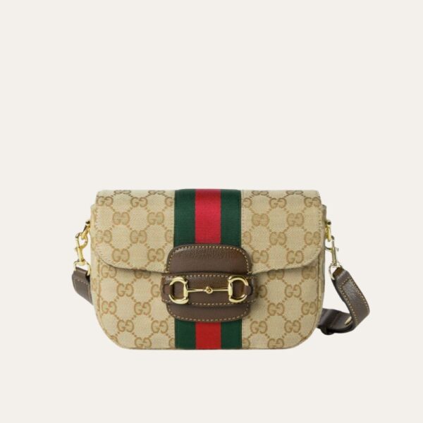 Gucci Horsebit 1955 小单肩包 沙色和棕色 GG 帆布 21 厘米 866762 FAFV9 9653